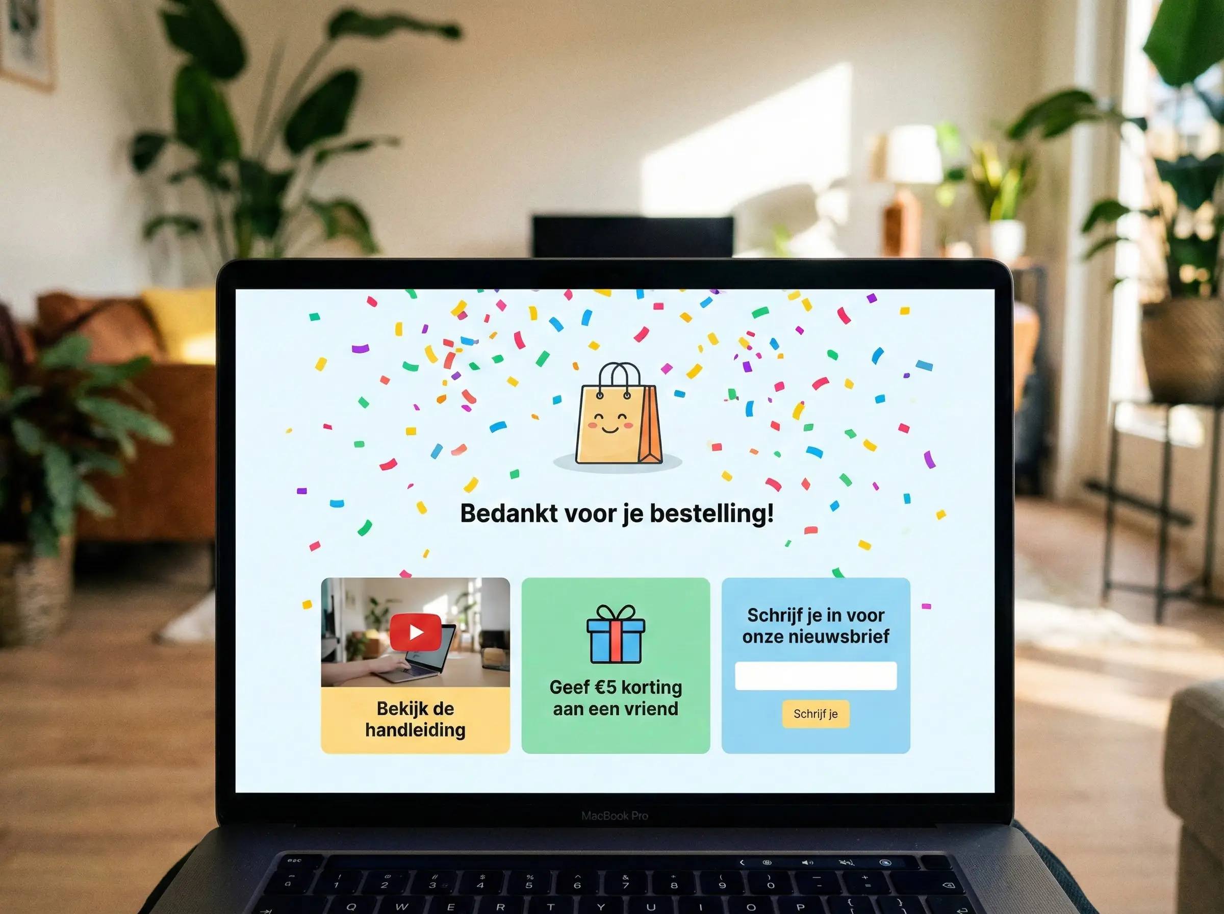 Bedankt pagina op laptop. Winkelmandje, confetti, 'Bedankt voor je bestelling.'. Optimaliseer uw marketingmoment.