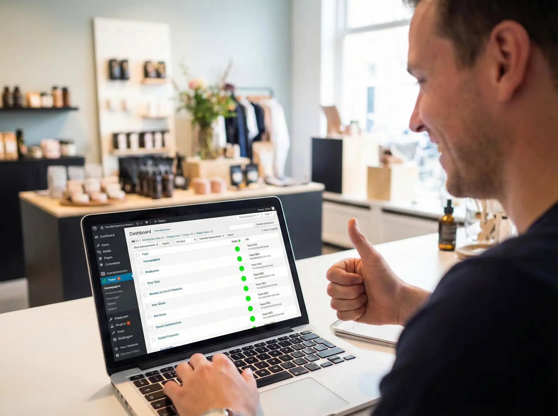 Man toont duim omhoog bij SEO check op laptop. Hoger in Google voor retailers.